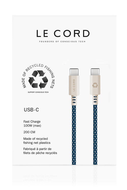 USB Sea Blue · Type C · 100W · 2 meter · Made of recycled fishing nets